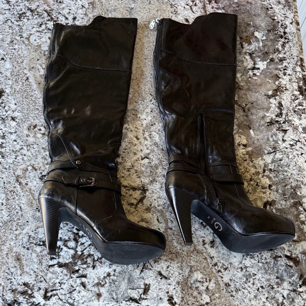 Guess Black Tall Knee-High Platform Heeled Boots with Buckle Detail